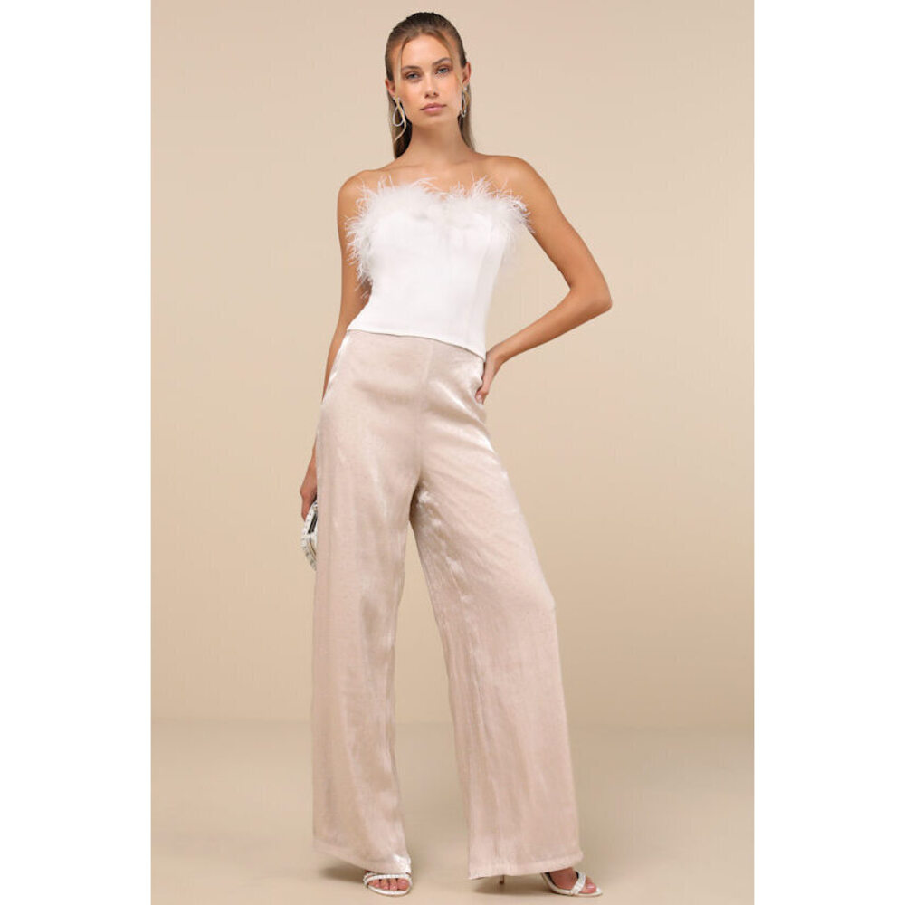 Lulus Memorable Style Champagne Satin Wide-leg Pants Beige - Size M